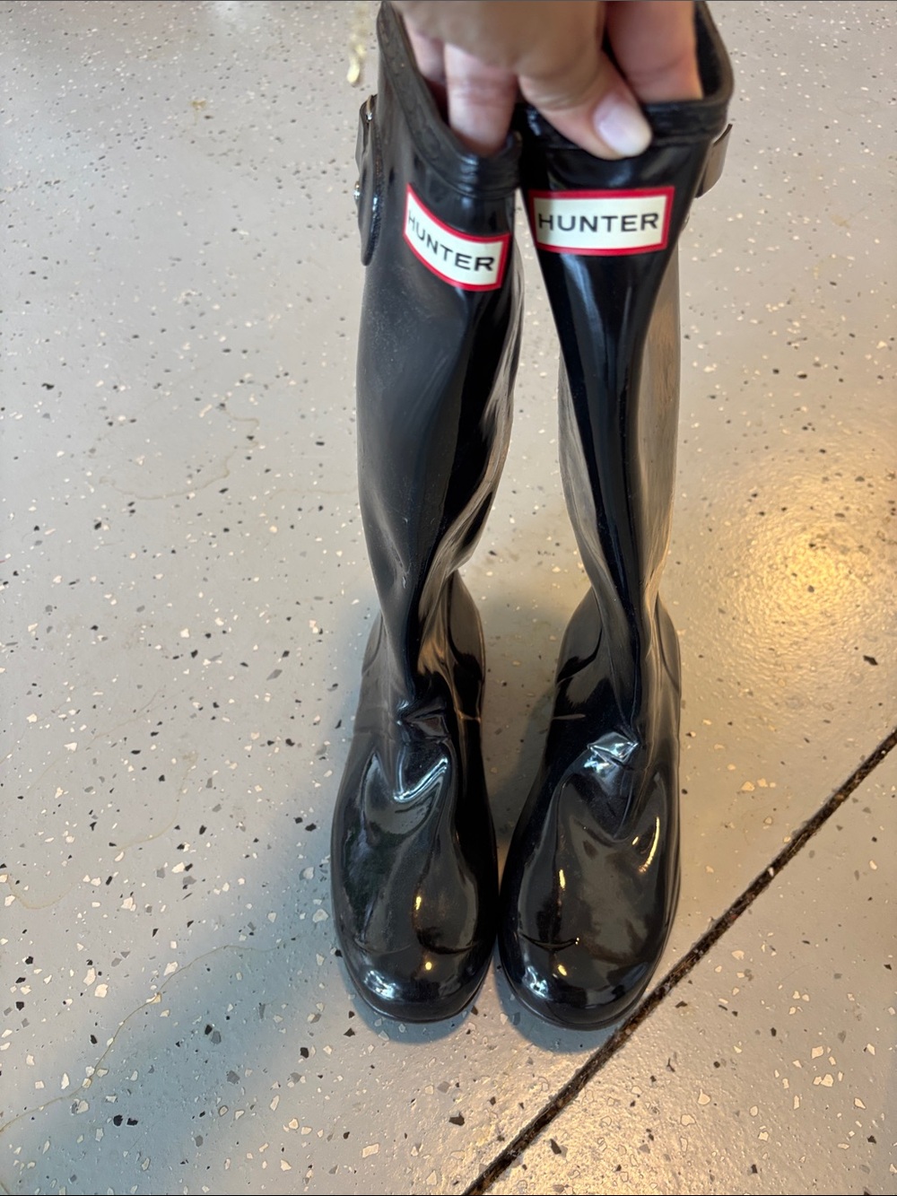 Hunter Black Gloss Tall Rain Boots with Red Logo